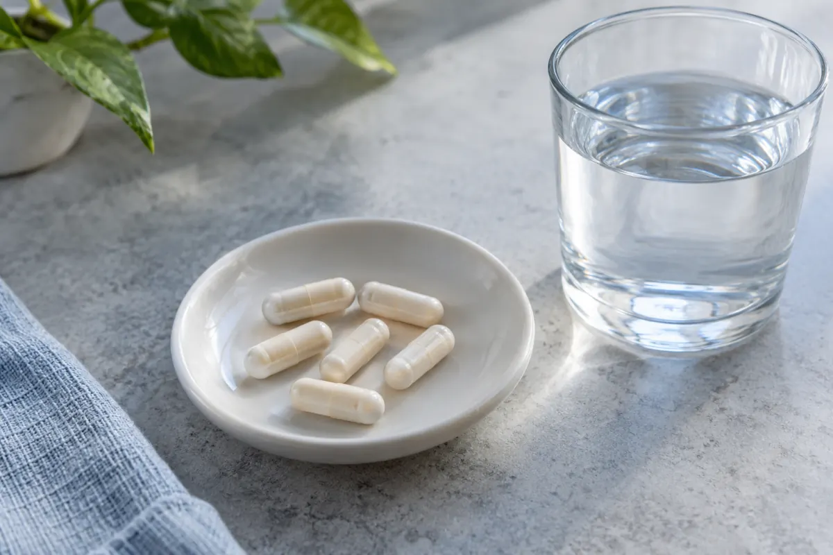 Plain capsules in a small dish beside a glass of water