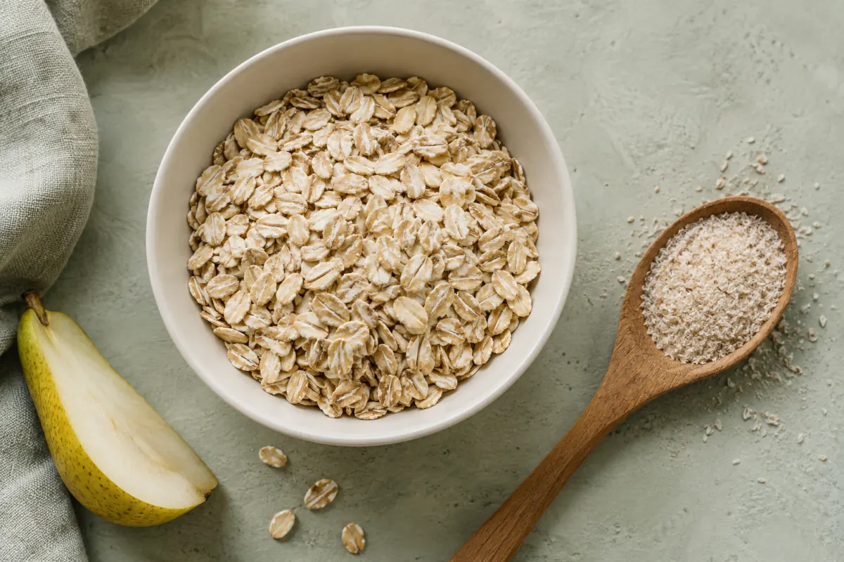 Rolled oats, psyllium husks and a pear wedge