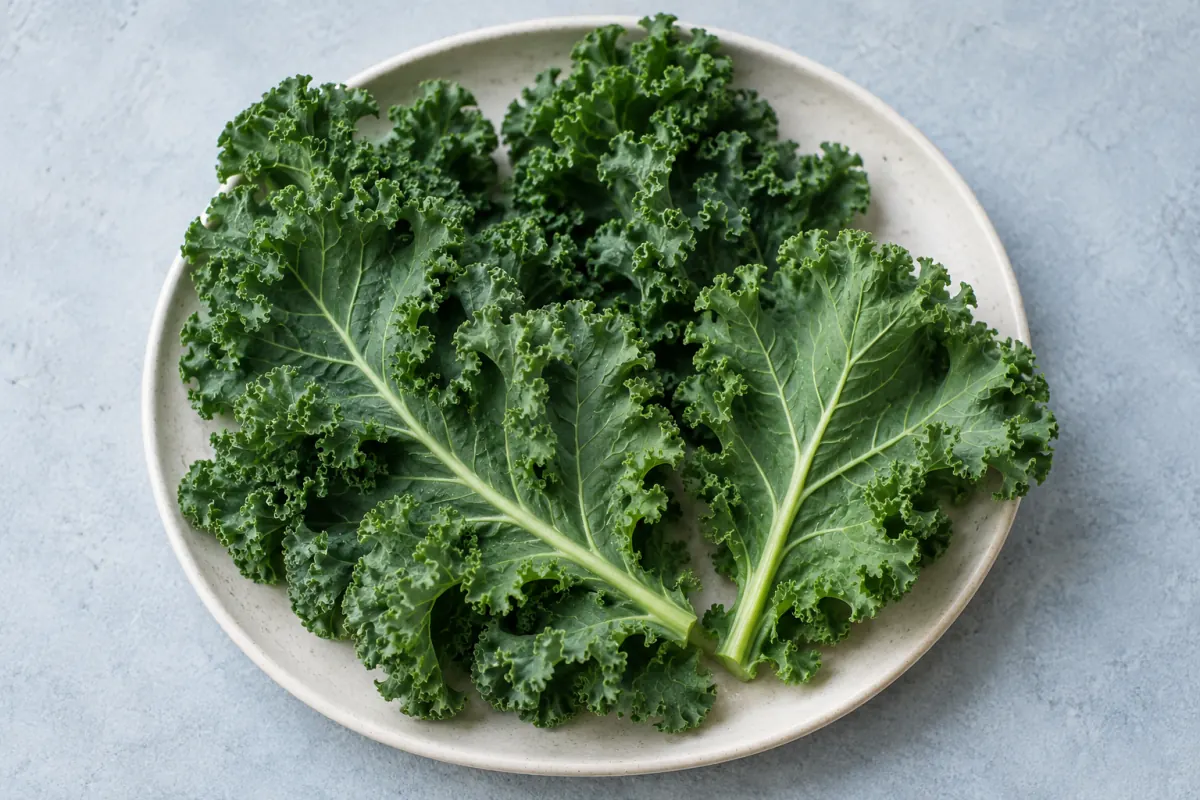 Fresh curly kale leaves on a pale ceramic plate