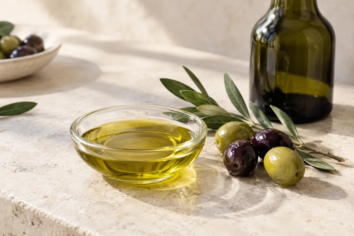 Olive oil in a glass dish with olives and an unlabelled bottle