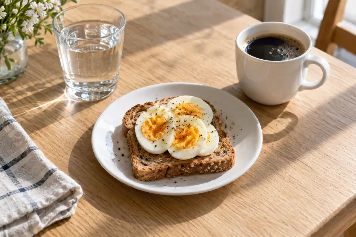 Egg toast, water and coffee at a breakfast table