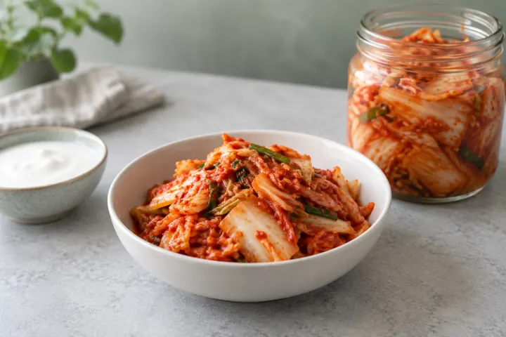 Cabbage kimchi in a bowl and jar beside plain yogurt