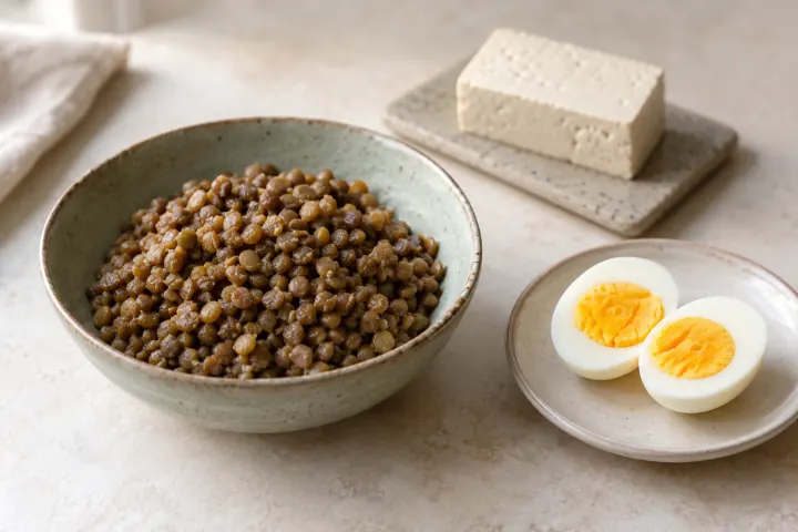 Cooked lentils, a boiled egg and tofu