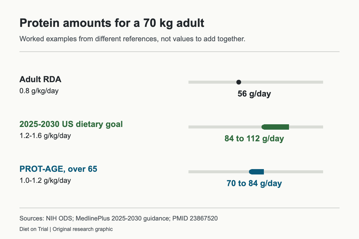 Different protein reference amounts calculated for a 70-kilogram adult
